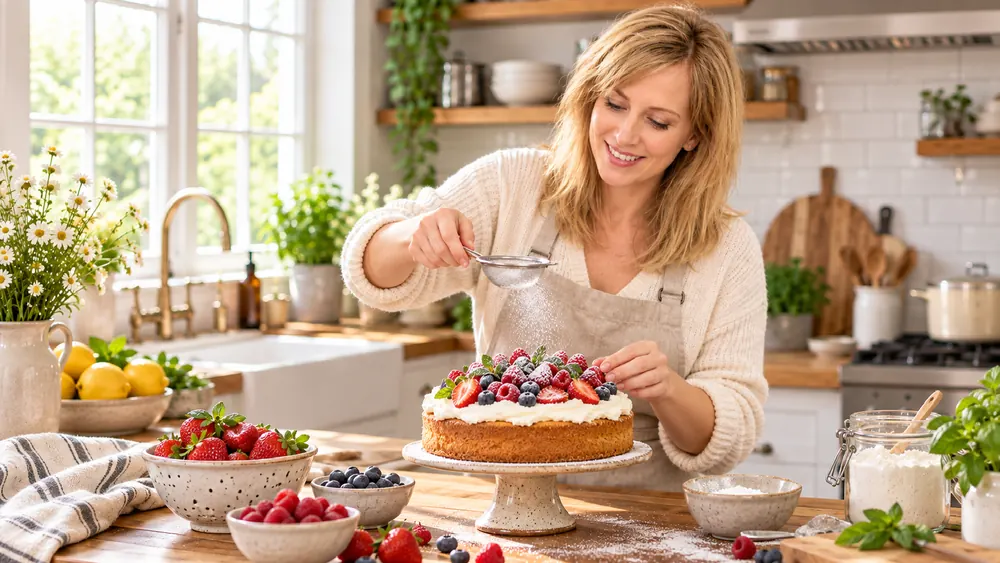 Dusting a berry cake with sugar