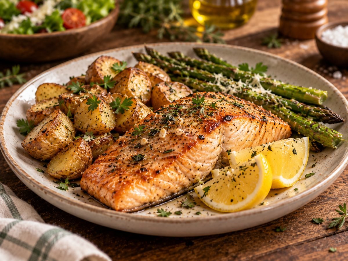 Herb-Crusted Salmon with Roasted Potatoes & Asparagus